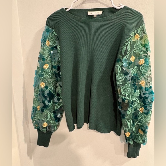 Sioni Sweaters - Sioni Green Embellished Sleeve Sweater